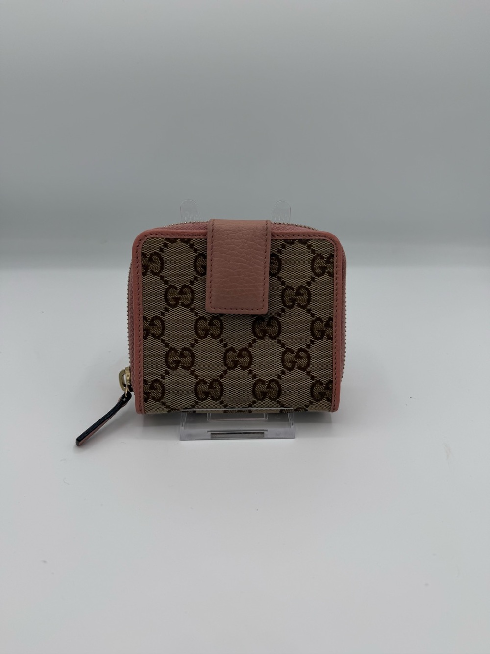 Gucci GG Canvas Comaoct Zip Around Wallet Beige Ebony Pink